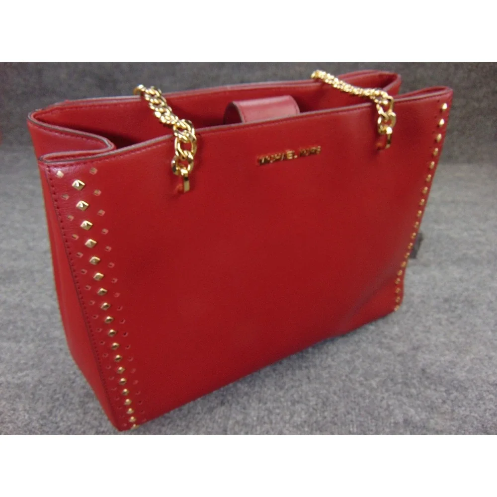 Michael Kors Large Tote Red Leather Gold Studded Chain Shoulder Bag 35H7GE0T3L